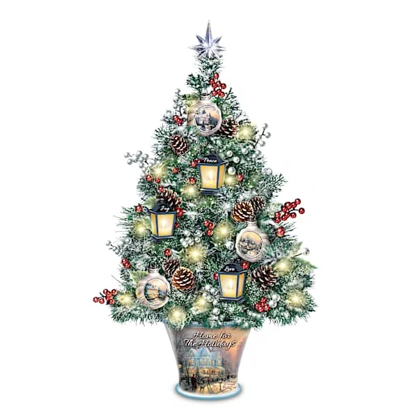 Decorated Tabletop Tree Lights Up With Thomas Kinkade Art
