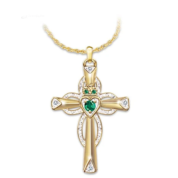 Emerald And Diamond Claddagh Cross Symbolizes Faith And Love