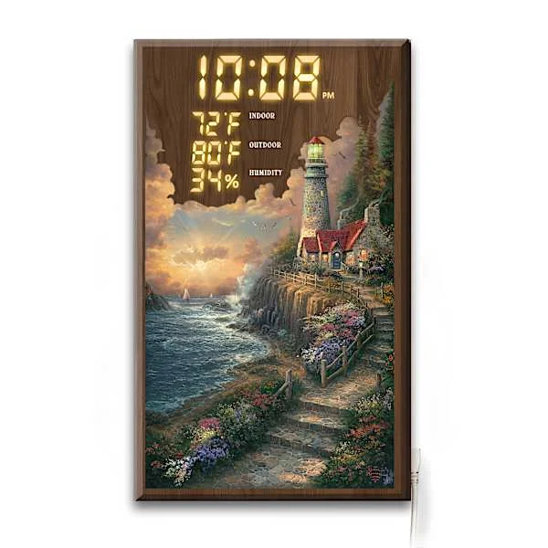 Thomas Kinkade Lighthouse Art 12-Inch Weather Station Clock