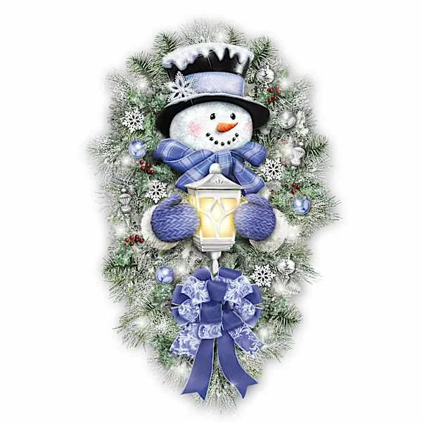 Thomas Kinkade Snowman Wreath With Illuminated Lantern