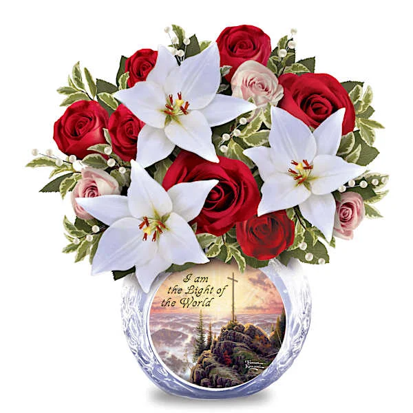 Thomas Kinkade Studios Crystal Vase Faux Rose Easter Bouquet