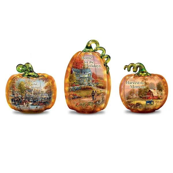 Thomas Kinkade Studios Illuminated Glass Pumpkin Sculptures