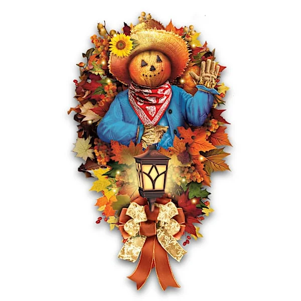 Thomas Kinkade Studios Lighted Wreath With Pumpkin Scarecrow