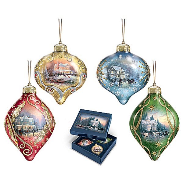 Thomas Kinkade LED Light Up The Season Collection Hand-Blown Glass Ornaments